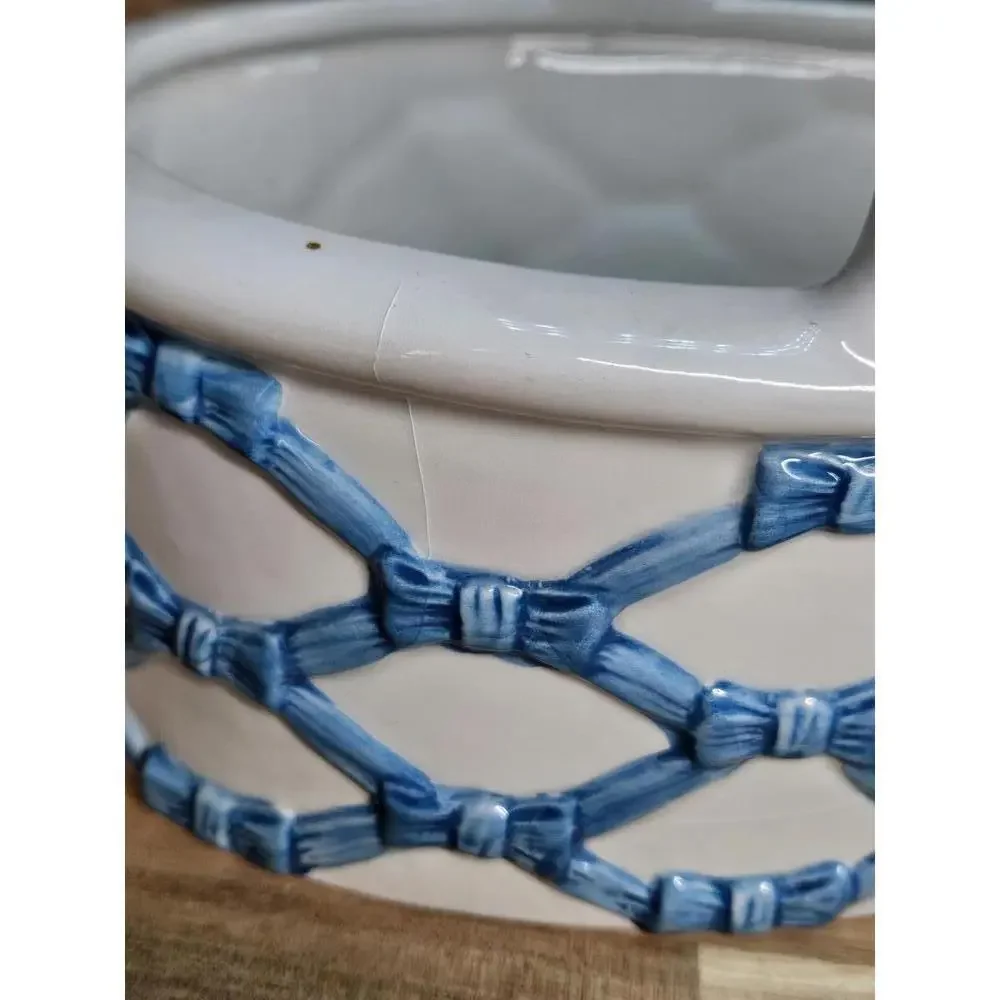 Vintage Italian Ceramic Lattice Basket Blue Woven Pottery 7" Tall Spring/Easter - Picture 14 of 15